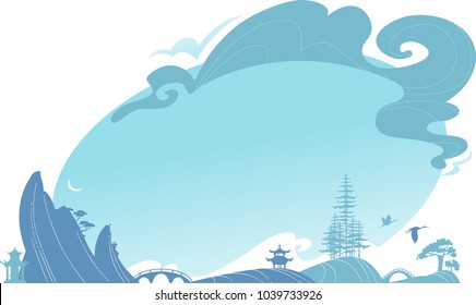Asian horizontal traditional landscape with hills, bridge and clouds. 