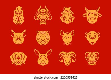 Asian horoscope animals muzzle golden monochrome icon set vector flat illustration. Chinese New Year characters head portrait Asian astrology zodiac culture symbols of prosperity fortune minimal logo