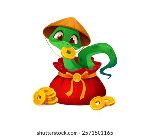 Asian horoscope cartoon snake animal character with gold lucky coin in mouth. Funny lunar calendar zodiac snake vector personage with Chinese New Year holiday red gift bag and asian traditional hat