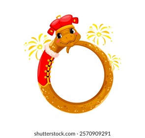 Asian horoscope cartoon snake character round frame with Chinese New Year holiday fireworks. Lunar calendar zodiac snake ring vector personage wearing Chinese New Year holiday red costume and hat