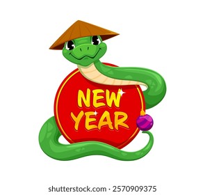 Asian horoscope cartoon snake character with Chinese New Year holiday greeting banner. Cute snake animal vector personage of asian lunar calendar in straw hat with round red sign and ornament ball