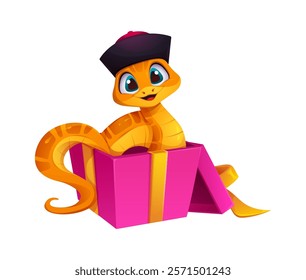 Asian horoscope cartoon snake character in holiday gift box, vector Chinese Lunar New Year zodiac. Animal horoscope wood snake personage wearing oriental hat in holiday present box with ribbon bow