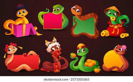 Asian horoscope cartoon snake characters with holiday banners and gifts celebrating festive Chinese Lunar New Year events. Cute reptiles with traditional Cny decorations, embodying joy and celebration