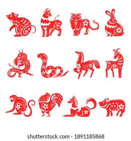 Asian Horoscope, Chinese Zodiac Signs Decorated With Flowers. Floral Rat And Bull, Tiger And Rabbit, Snake And Dragon, Horse And Goat, Monkey And Rooster, Dog And Pig Isolated. Vector In Flat Style