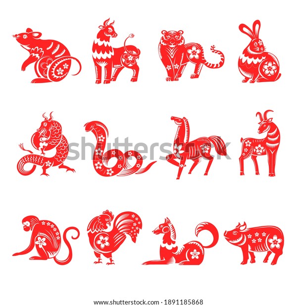 Asian horoscope, chinese zodiac signs decorated\
with flowers. Floral rat and bull, tiger and rabbit, snake and\
dragon, horse and goat, monkey and rooster, dog and pig isolated.\
Vector in flat style