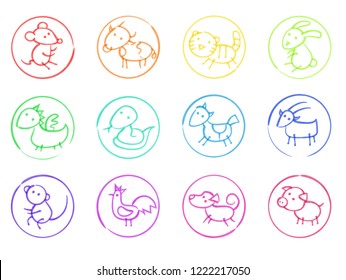 Asian horoscope hand drawn with felt-tip pens 12 icons set