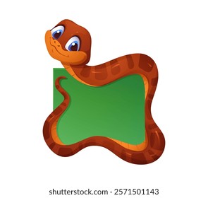 Asian horoscope snake character frame of Chinese New Year holiday vector greeting card. Cartoon cute lunar calendar wood snake personage with blank green banner. Asian New Year holiday celebration
