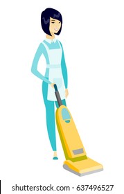 Asian hotel female chambermaid in uniform cleaning floor with a vacuum cleaner. Full length of young chambermaid with a vacuum cleaner. Vector flat design illustration isolated on white background.
