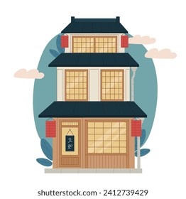 Asian house concept. Traditional japanese and chinese building with roofs. Architecture and culture, history. Korean real estate and private property. Cartoon flat vector illustration
