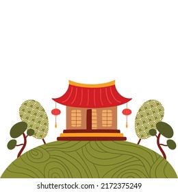 Asian house. Korean traditional house. Chinese house. Asian landscape panorama, asia trees in traditional ornate. Landscape layout design in oriental style, wave pattern texture. Vector illustration.