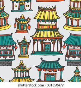 Asian houses seamless pattern. Vector hand drawn colorful far East architecture.