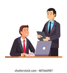 Asian HR manager with a tablet pc welcomes new employee at his working desk with a laptop computer. Modern flat style vector illustration isolated on white background.