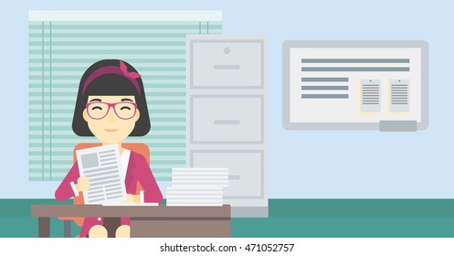 An asian  human resources manager reading application portfolios in the office. Concept of recruitment of staff, job interview. Vector flat design illustration. Horizontal layout.