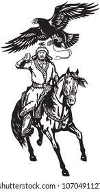 Asian hunter horseman sitting on a pony horseback and hunting with a golden eagle .Black and white vector illustration