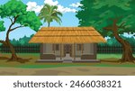 Asian hut made with mud and thatched straw roof with trees and fence around. Indian village house 