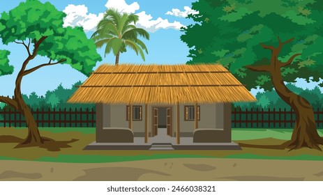 Asian hut made with mud and thatched straw roof with trees and fence around. Indian village house 