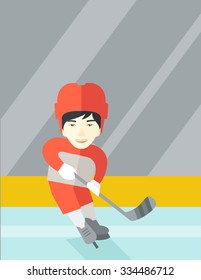 An Asian ice-hockey player skating with a stick at the rink vector flat design illustration. Vertical poster layout with a text space.