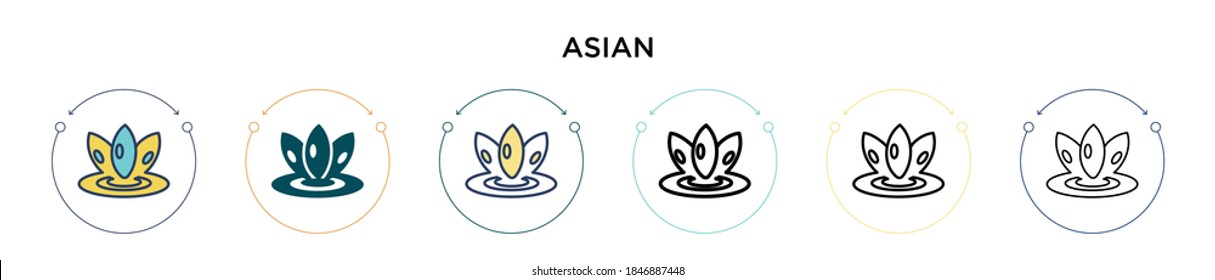Icono asiático en el estilo relleno, delgado, contorno y trazo. Ilustración vectorial de dos iconos vectoriales de color y negro asiático se puede utilizar para móviles, ui, web