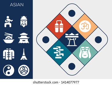 asian icon set. 13 filled asian icons.  Simple modern icons about  - Giant swing, Yin yang, Kamon, Wushu, Tokyo, Noodles, Pagoda, Martial arts, Chinese, Om, Nunchaku, Wing chun