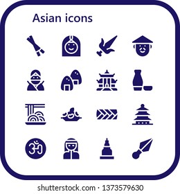 asian icon set. 16 filled asian icons.  Simple modern icons about  - Chopsticks, Arab woman, Martial arts, Chinese, Ninja, Onigiri, Pagoda, Sake, Spaghetti, Rice, Plait, Om, Bedouin
