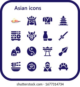 asian icon set. 16 filled asian icons. Included pan, Samurai, Ninja, Pagoda, Sushi, Hannya, Sake, Katana, Onigiri, Yin yang, Giant swing, Kunai, Noodle, Om, Dumpling icons
