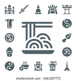 asian icon set. 17 filled asian icons.  Collection Of - Angkor wat, Kimono, Yin yang, Spaghetti, Geisha, Kunai, Om, Katana, Bowl, Temple, Ninja, Samurai, Noodles, Giant swing