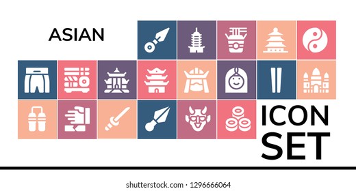  asian icon set. 19 filled asian icons. Simple modern icons about  - Kunai, Boxing shorts, Nunchaku, Martial arts, Katana, Hannya, Sushi, Pagoda, Samurai, Arab woman, Chopsticks