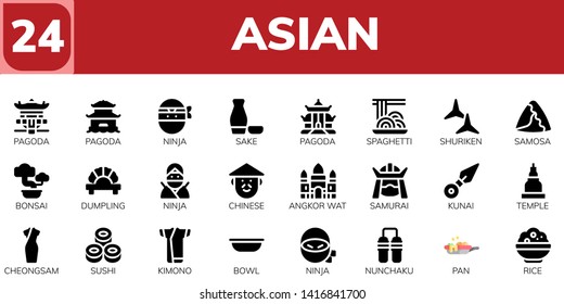 asian icon set. 24 filled asian icons.  Collection Of - Pagoda, Ninja, Sake, Spaghetti, Shuriken, Samosa, Bonsai, Dumpling, Chinese, Angkor wat, Samurai, Kunai, Temple, Cheongsam