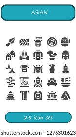  asian icon set. 25 filled asian icons. Simple modern icons about  - Kunai, Plait, Noodles, Yin yang, Ninja, Onigiri, Martial arts, Wushu, Bonsai, Chinese, Shuriken, Samurai, Cheongsam