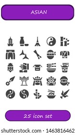 asian icon set. 25 filled asian icons.  Collection Of - Pagoda, Sake, Tokyo, Yin yang, Bamboo, Boxing shorts, Shuriken, Chopsticks, Ninja, Chinese, Martial arts, Noodles, Noodle