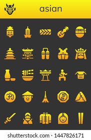 asian icon set. 26 filled asian icons.  Collection Of - Chinese, Hannya, Pagoda, Plait, Veena, Ninja, Nunchaku, Kendo, Samurai, Sake, Noodle, Giant swing, Martial arts, Noodles