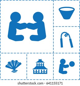 Asian icon. set of 6 asian filled icons such as temple, fan, bowl, chain weapon, baby playing with toy