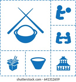 Asian icon. set of 6 asian filled icons such as temple, noodles fast food, bowl, asian food, baby playing with toy
