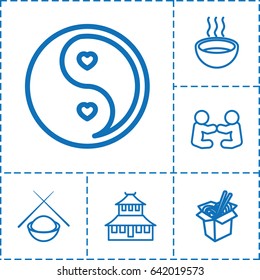 Asian icon. set of 6 asian outline icons such as temple, noodles fast food, soup, yin yang, asian food