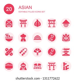 asian icon set. Collection of 20 filled asian icons included Arab, Torii, Garlic, Chinese, Tom yum, Bust, Bosu ball, Yin yang, Traditional, Tongue depressor, Nunchaku, Paper fan
