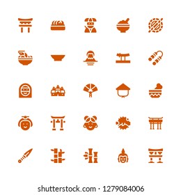 asian icon set. Collection of 25 filled asian icons included Torii, Buddha, Bamboo, Kunai, Torii gate, Blowfish, Chinese, Japanese, Bowl, Kasa, Paper fan, Angkor wat, Arab woman