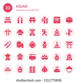 asian icon set. Collection of 30 filled asian icons included Forbidden city, Nunchaku, Katana, Bamboo, Martial arts, Kusarigama, Blowfish, Ninja, Buddha, Elephant, Japanese, Bust