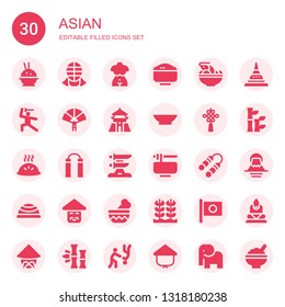asian icon set. Collection of 30 filled asian icons included Rice, Kendo, Bust, Tom yum, Martial arts, Paper fan, Chiang kai shek, Bowl, Chinese knot, Dumpling, Nunchaku, Katana