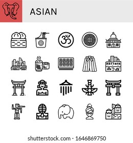 asian icon set. Collection of Elephant, Dumpling, Instant noodles, Om, Spaghetti, Temple, Skytrain, Sticky rice, Sushi roll, Kimono, Pattaya, Torii, Muay thai, Wind chimes icons