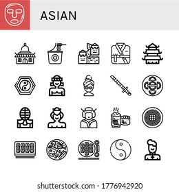 asian icon set. Collection of Facial mask, Temple, Instant noodles, Great wall of china, Kimono, Yin yang, Muay thai, Katana, Dumpling, Kendo, Sumo, Geisha, Sticky rice icons