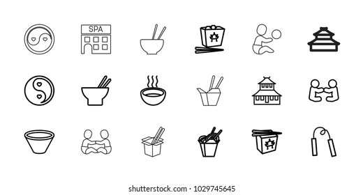 Asian icons. set of 18 editable outline asian icons: temple, baby playing with another baby, chinese fast food, asian food, soup, yin yang, bowl, chain weapon, spa building