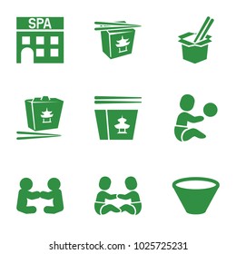 Asian icons. set of 9 editable filled asian icons such as baby playing with another baby, chinese fast food, bowl, spa building, baby playing with toy