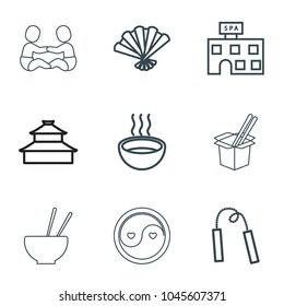 Asian icons. set of 9 editable outline asian icons such as spa building, soup, fan, chain weapon, temple, baby playing with another baby, asian food, noodles fast food