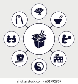 asian icons set. Set of 9 asian filled icons such as spa building, chinese fast food, asian food, noodles fast food, yin yang, fan, chain weapon, baby playing with toy