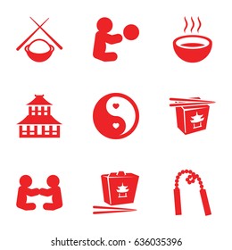Asian icons set. set of 9 asian filled icons such as temple, chinese fast food, soup, yin yang, asian food, chain weapon, baby playing with toy