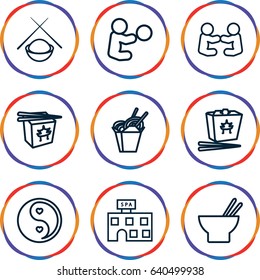 Asian icons set. set of 9 asian outline icons such as spa building, chinese fast food, asian food, yin yang, baby playing with toy