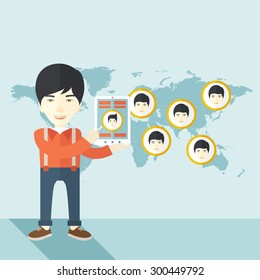 An asian identification, face in world map in every destinations.  A contemporary style with pastel palette soft blue tinted background. Vector flat design illustration. Square layout.  