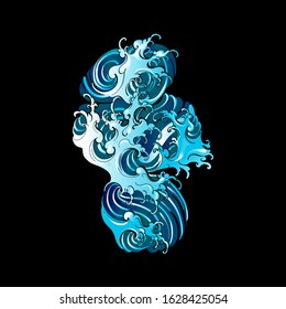 Asian illustration of ocean waves . Isolated on a black background. T-Shirt design. Fashion vector illustration with wave. Illustration for fabric, clother. - Vector.