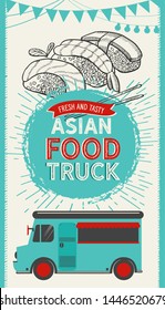 Asian illustrations - sushi, dim sum, noodle, gyoza for chinese food truck. Vector hand drawn poster for japanese cafe and restaurant. Design with lettering and doodle vintage graphic.