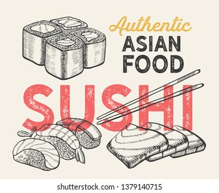 Asian illustrations - sushi, nigiri,maki  for chinese restaurant. Vector hand drawn poster for japanese cafe and bar. Design with lettering and doodle vintage graphic.